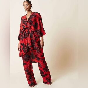 Grass-Fields Red Black Tropical Leaf Wide Leg Pants Size 14